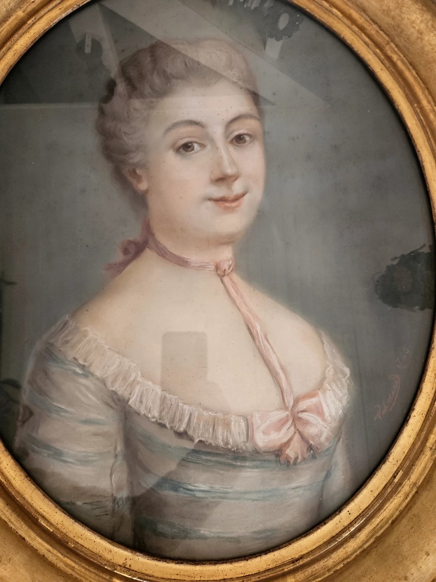 Portrait pastel  18ème femme au nœud rose Signé Daté 1766 -photo-3