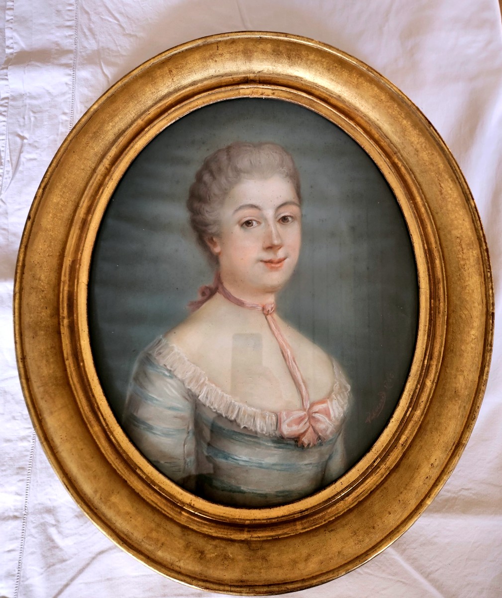 Portrait pastel  18ème femme au nœud rose Signé Daté 1766 