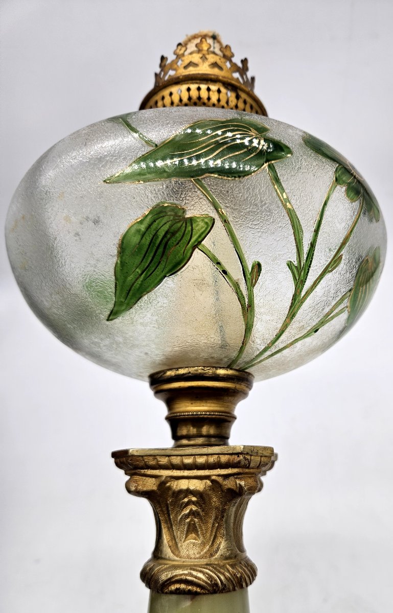 Oil Lamp With Floral Decoration On An Onyx Column -photo-1