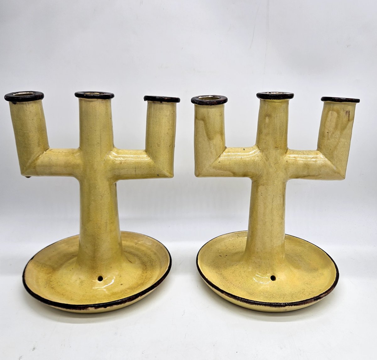 Etienne Noel: Pair Of Modernist 3-branch Varnished Earthenware Candlesticks-photo-2