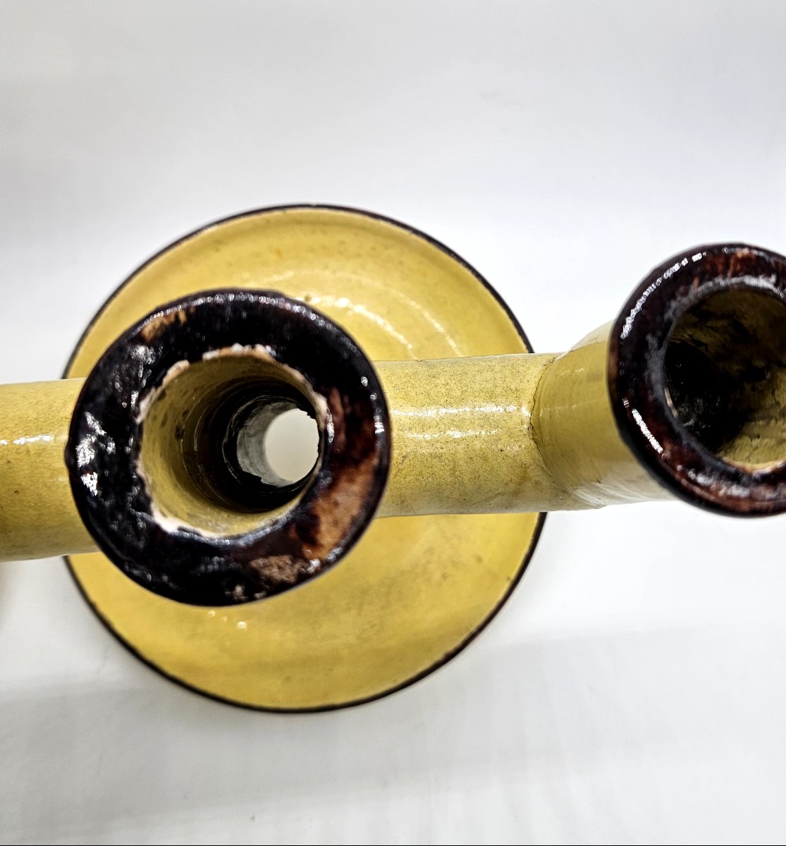 Etienne Noel: Pair Of Modernist 3-branch Varnished Earthenware Candlesticks-photo-2