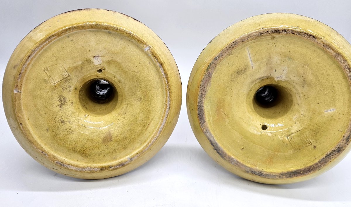 Etienne Noel: Pair Of Modernist 3-branch Varnished Earthenware Candlesticks-photo-4