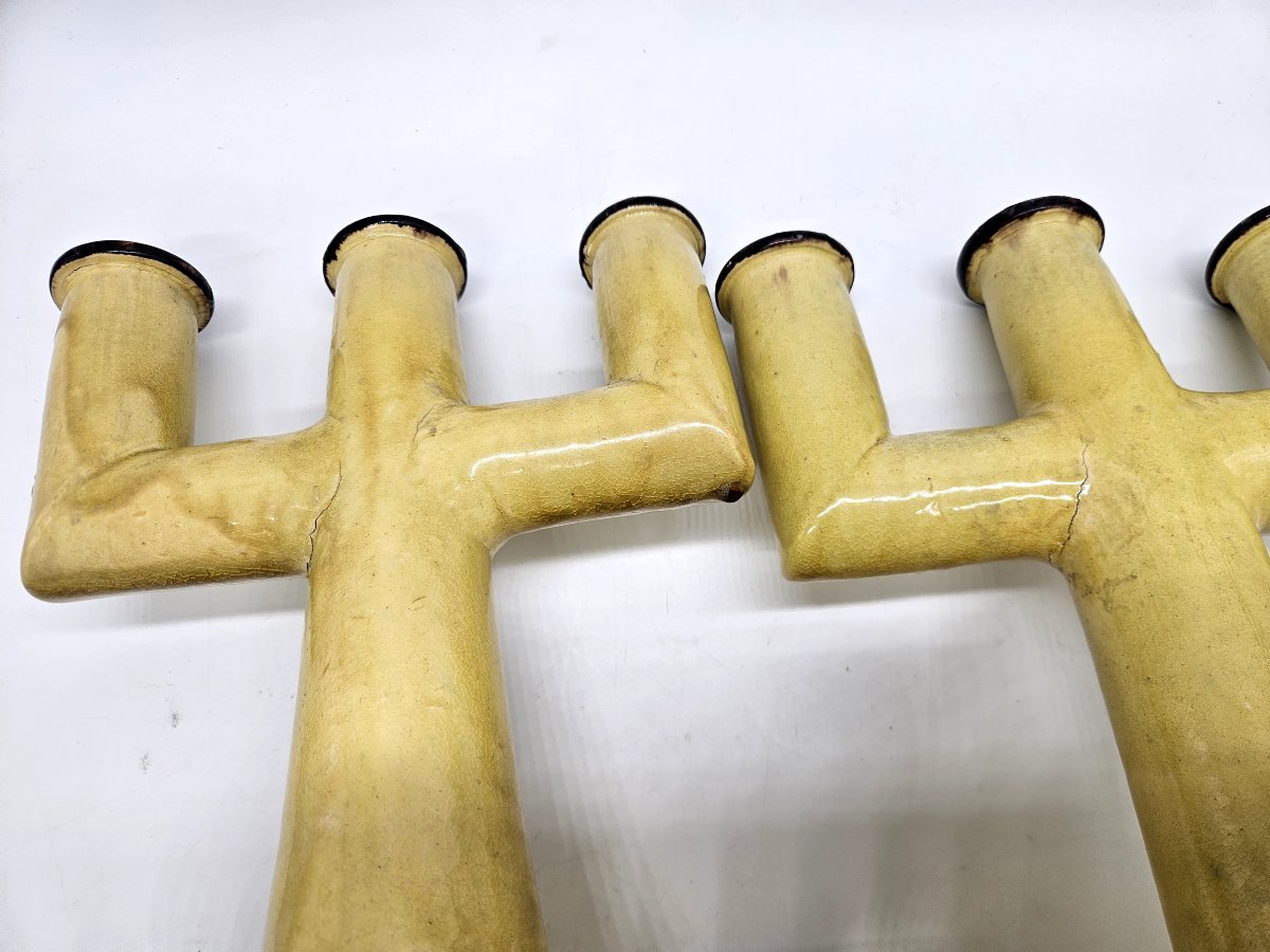 Etienne Noel: Pair Of Modernist 3-branch Varnished Earthenware Candlesticks-photo-5