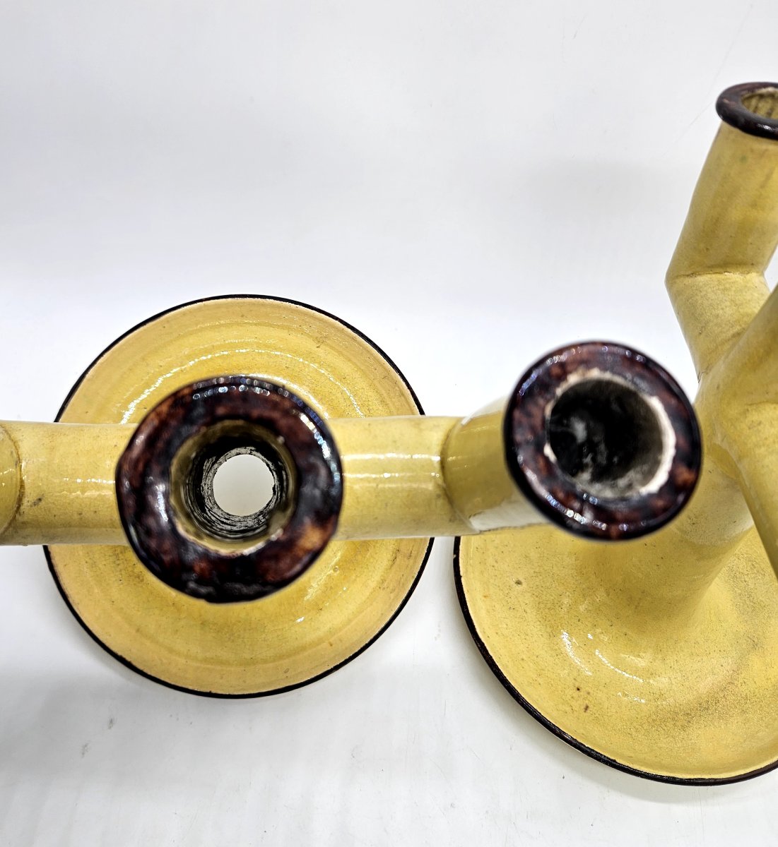 Etienne Noel: Pair Of Modernist 3-branch Varnished Earthenware Candlesticks-photo-6