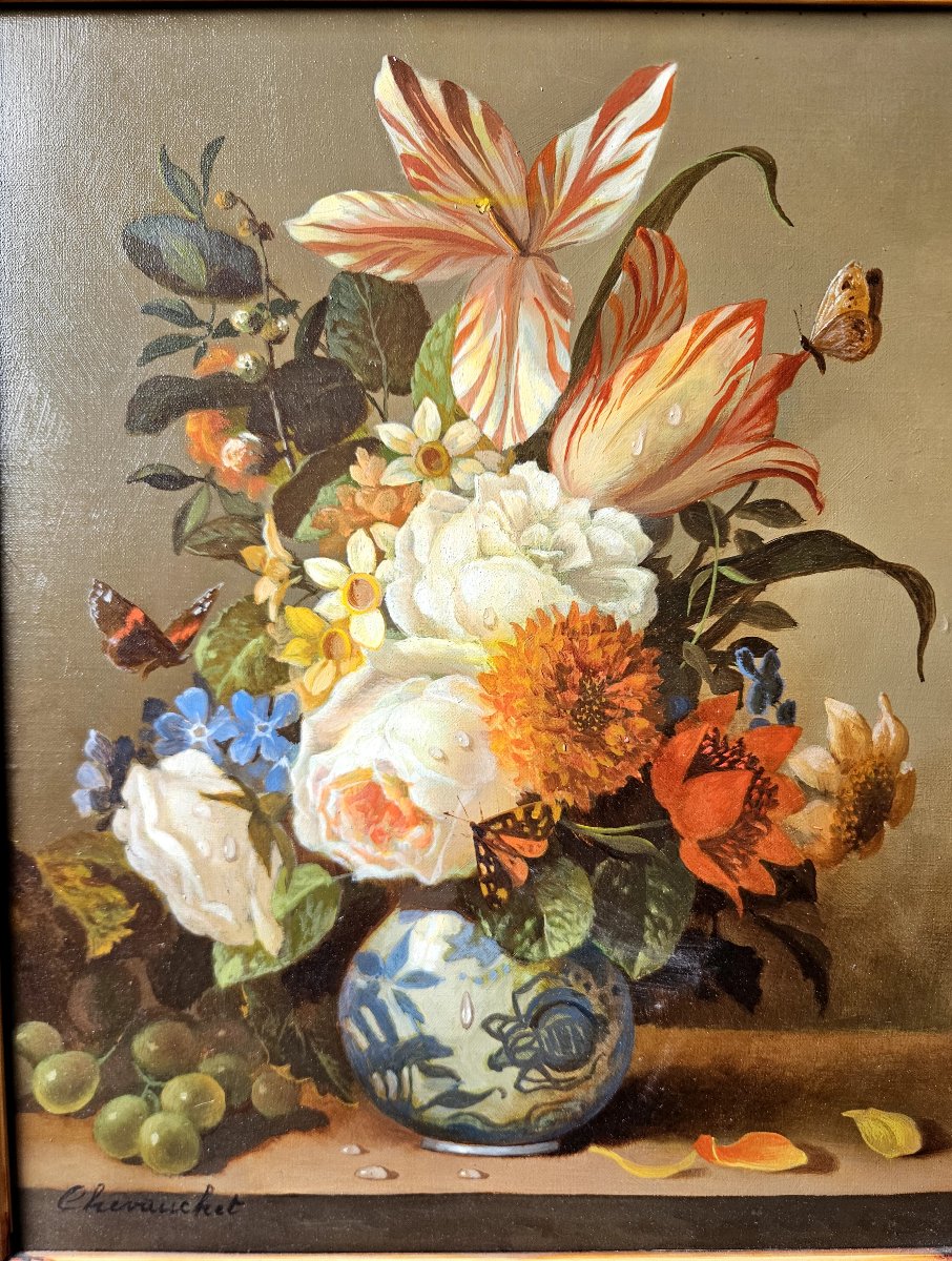 Jean Chevauchet : nature morte aux fleurs et papillons-photo-2