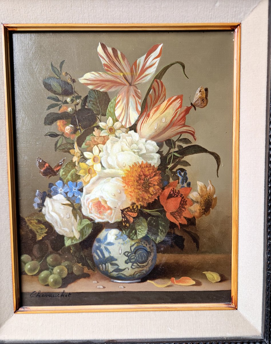 Jean Chevauchet : nature morte aux fleurs et papillons-photo-4