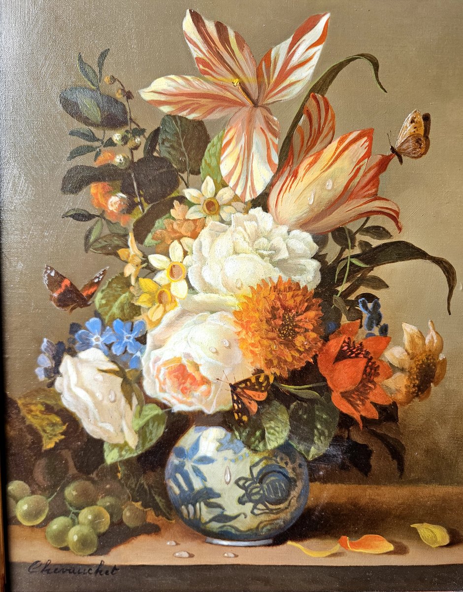 Jean Chevauchet : nature morte aux fleurs et papillons-photo-1
