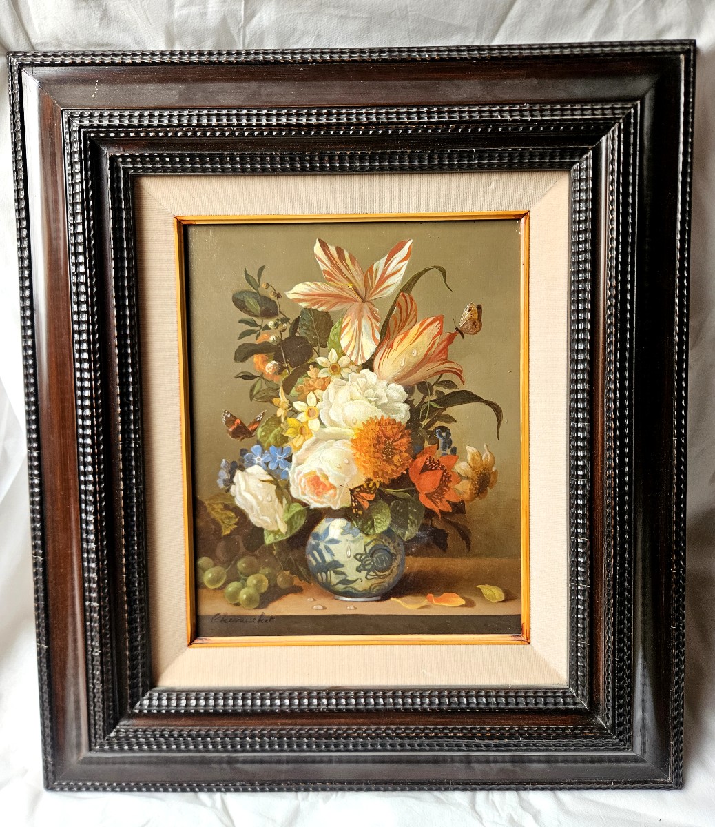 Jean Chevauchet : nature morte aux fleurs et papillons