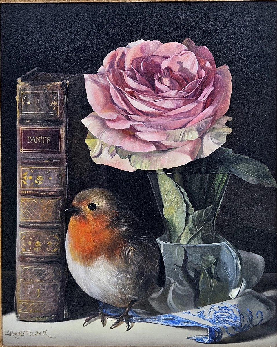 Arnold Toubeix. Nature morte : Rose, Livre et Rouge-gorge-photo-3