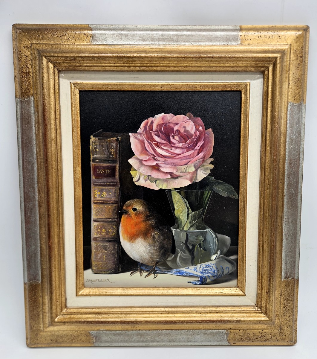 Arnold Toubeix. Nature morte : Rose, Livre et Rouge-gorge