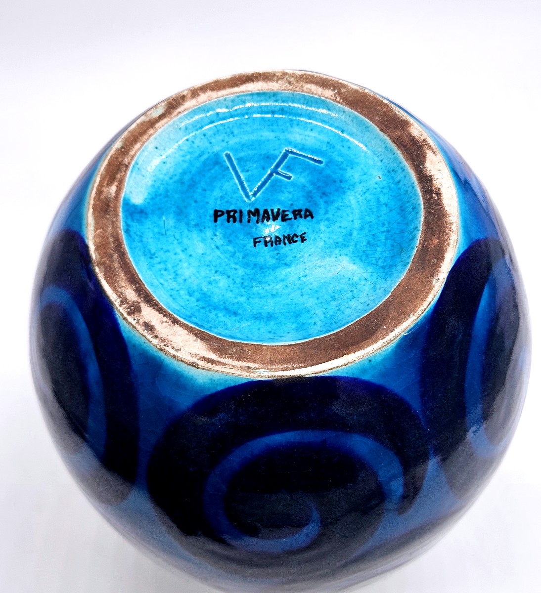 Primavera : Grand vase bleu à décor de tourbillon signé VF -photo-3