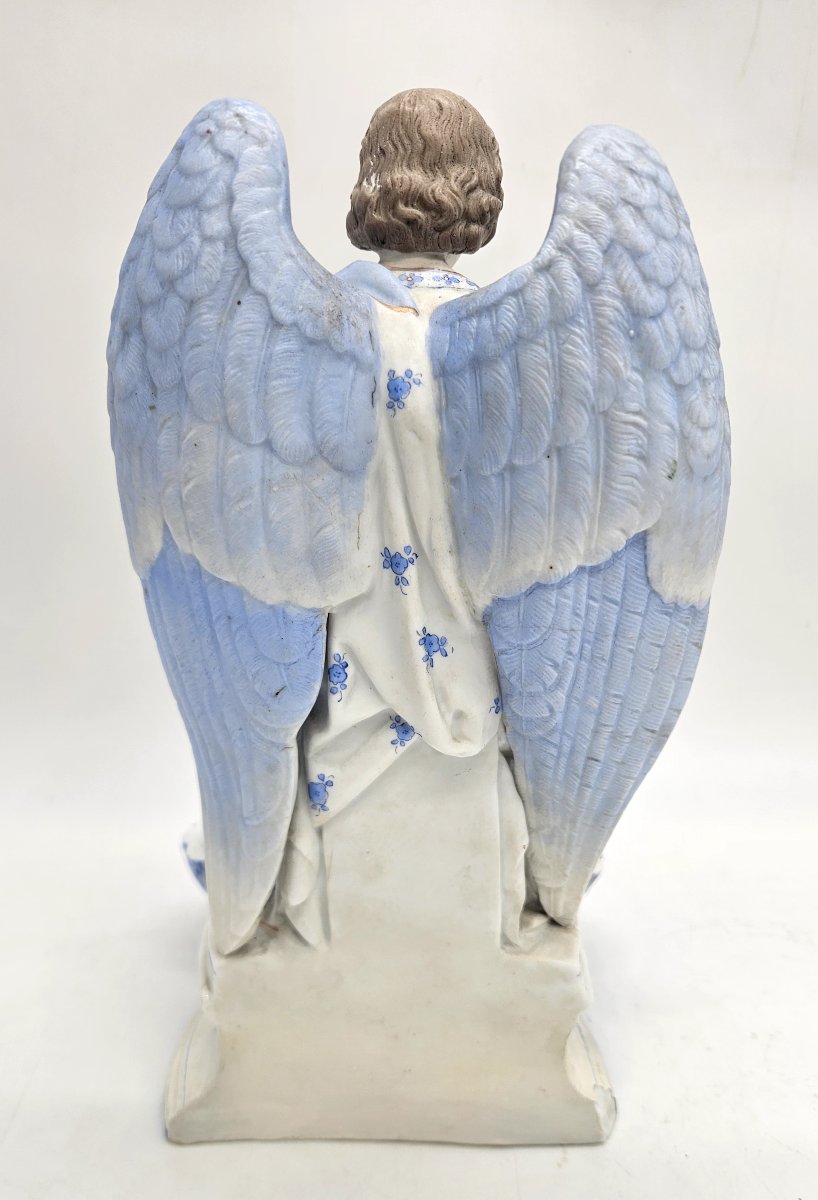Large Polychrome Porcelain Stoup With Angel And Child-photo-4