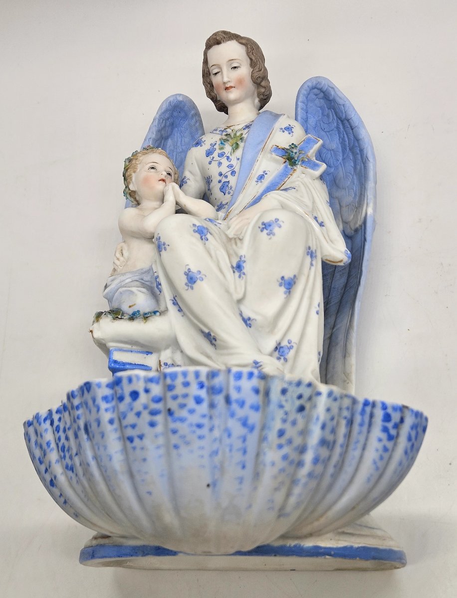 Large Polychrome Porcelain Stoup With Angel And Child-photo-2