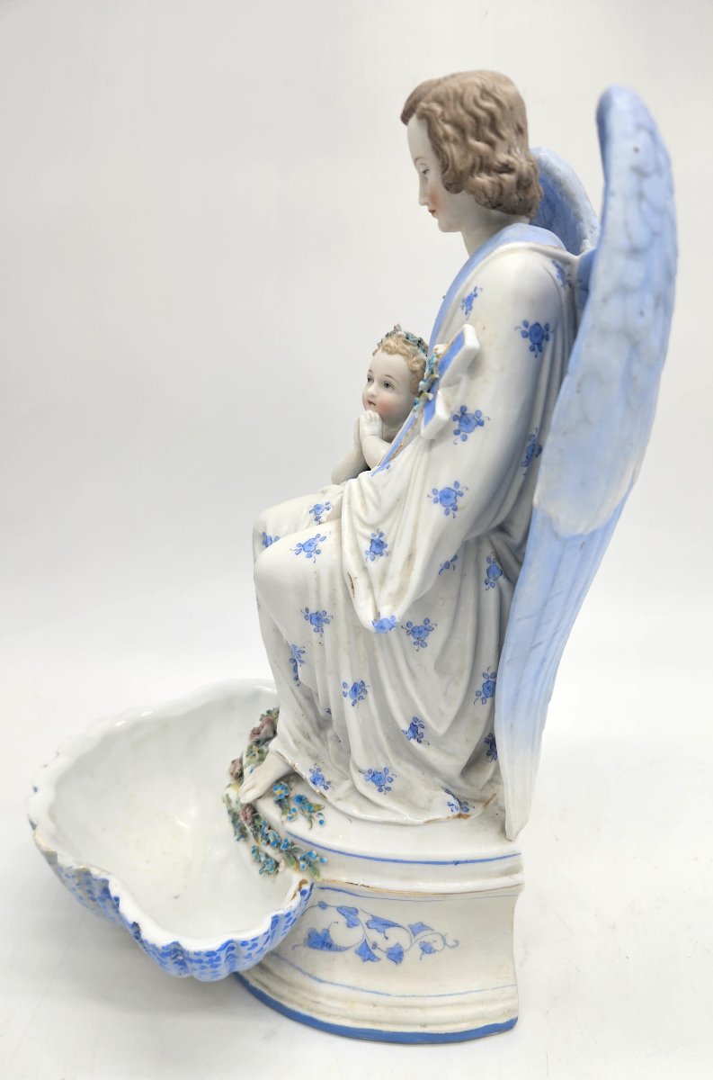 Large Polychrome Porcelain Stoup With Angel And Child-photo-7