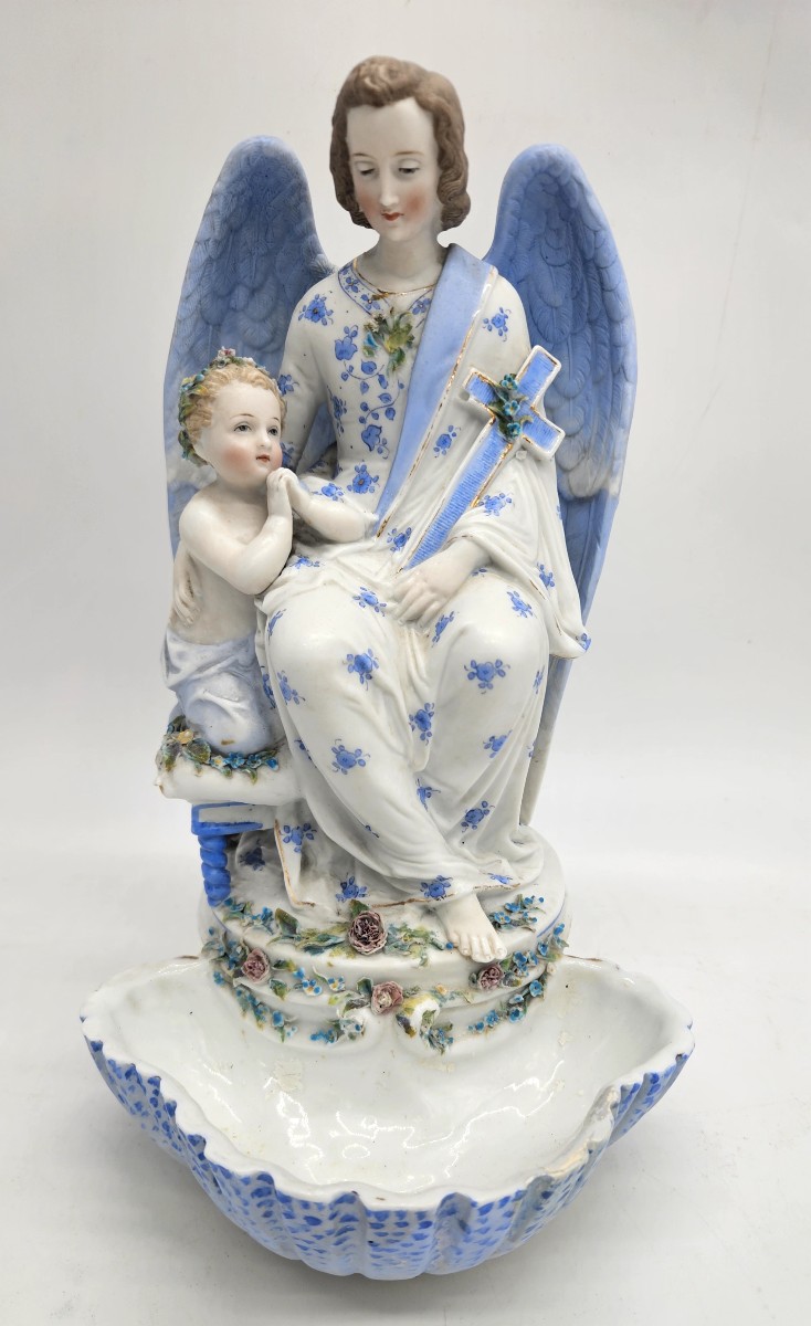 Large Polychrome Porcelain Stoup With Angel And Child