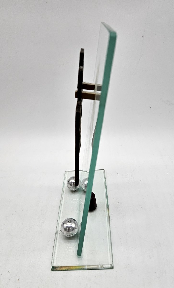 Croix Orthodoxe en bronze émaillé sur présentoir verre -photo-2
