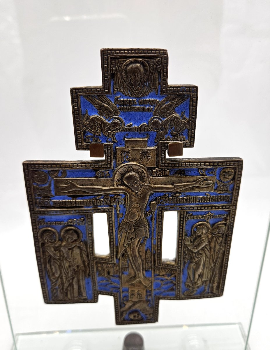 Croix Orthodoxe en bronze émaillé sur présentoir verre -photo-3