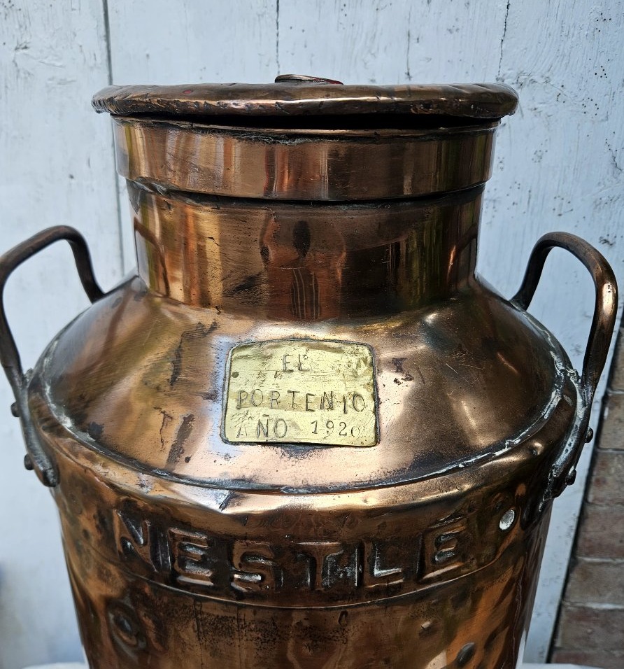 Large Copper Nestlé Argentinian Milk Can Dated 1920-photo-2