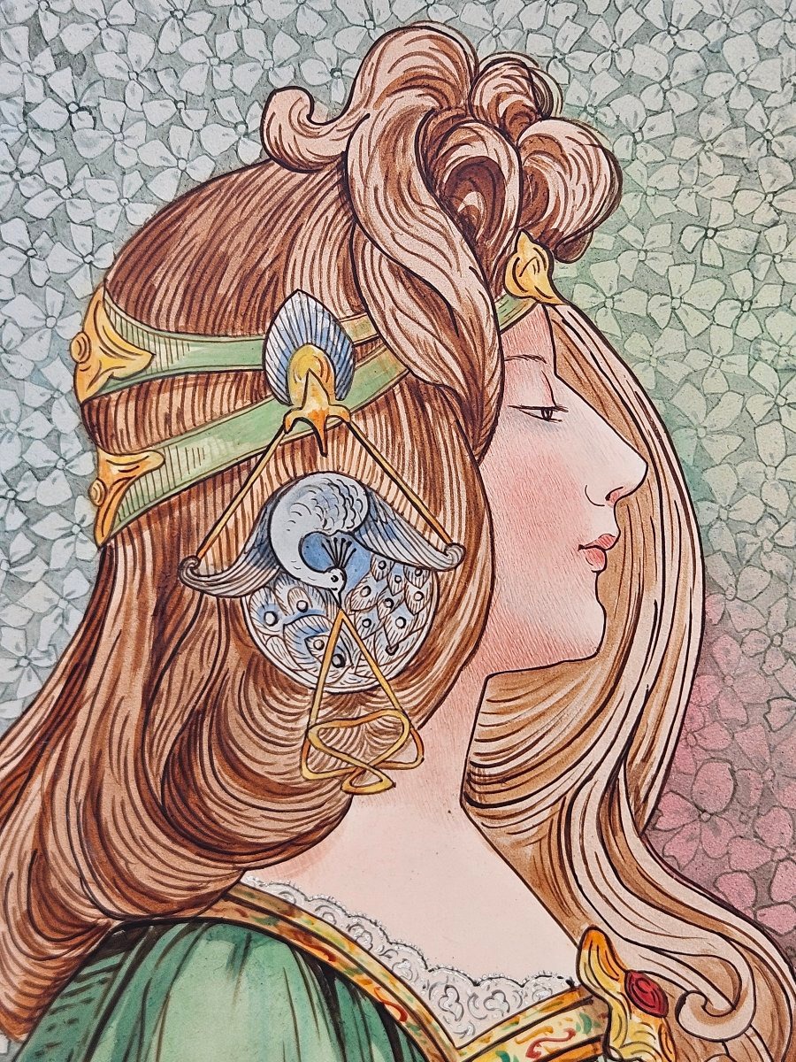 Grand plat Art Nouveau à décor de femme en faïence de Longchamp -photo-2