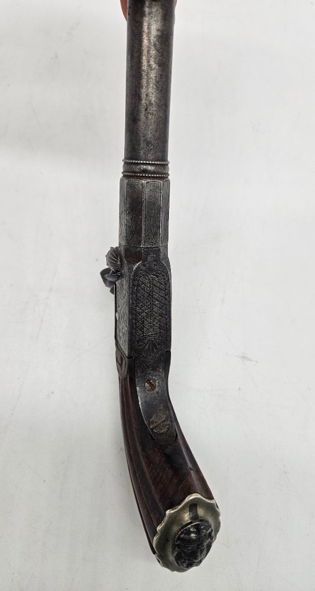 Pistolet à coffre à balle forcée décoré tête de Bacchus 19ème -photo-2