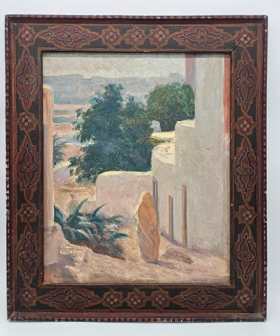 Louis-Édouard Brindeau : Scène de rue au Maroc, encadrement peint sur bois -photo-2
