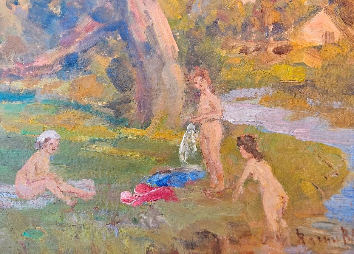 Vladimir Vassine: Bathing. Impressionist Oil Painting On Panel -photo-2