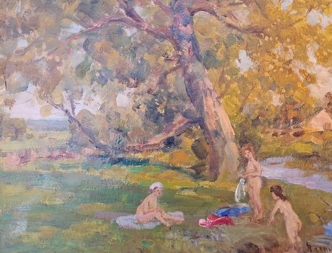 Vladimir Vassine: Bathing. Impressionist Oil Painting On Panel -photo-3