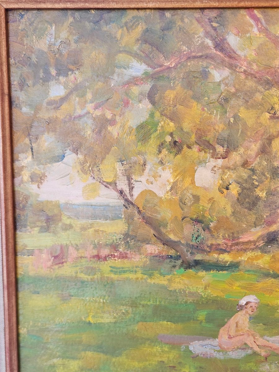 Vladimir Vassine: Bathing. Impressionist Oil Painting On Panel -photo-1