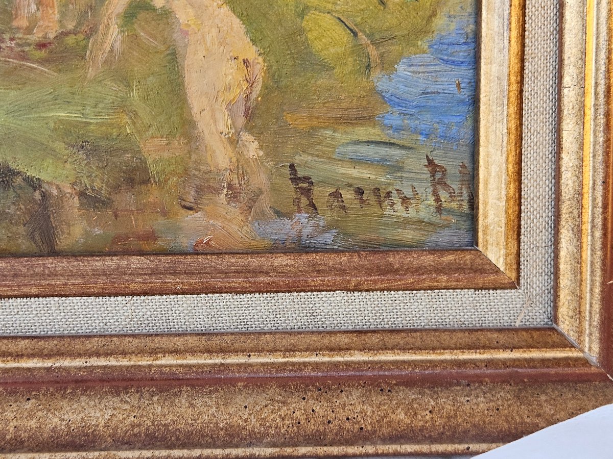 Vladimir Vassine: Bathing. Impressionist Oil Painting On Panel -photo-2