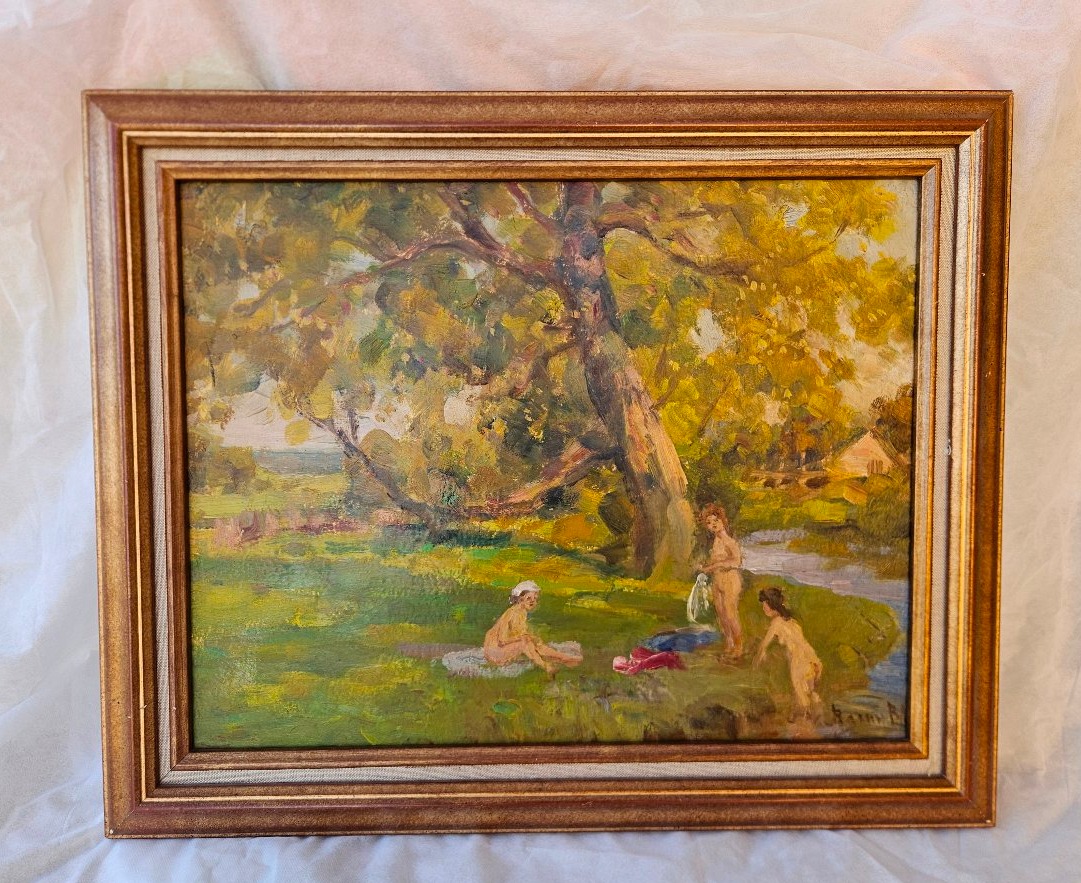 Vladimir Vassine: Bathing. Impressionist Oil Painting On Panel 
