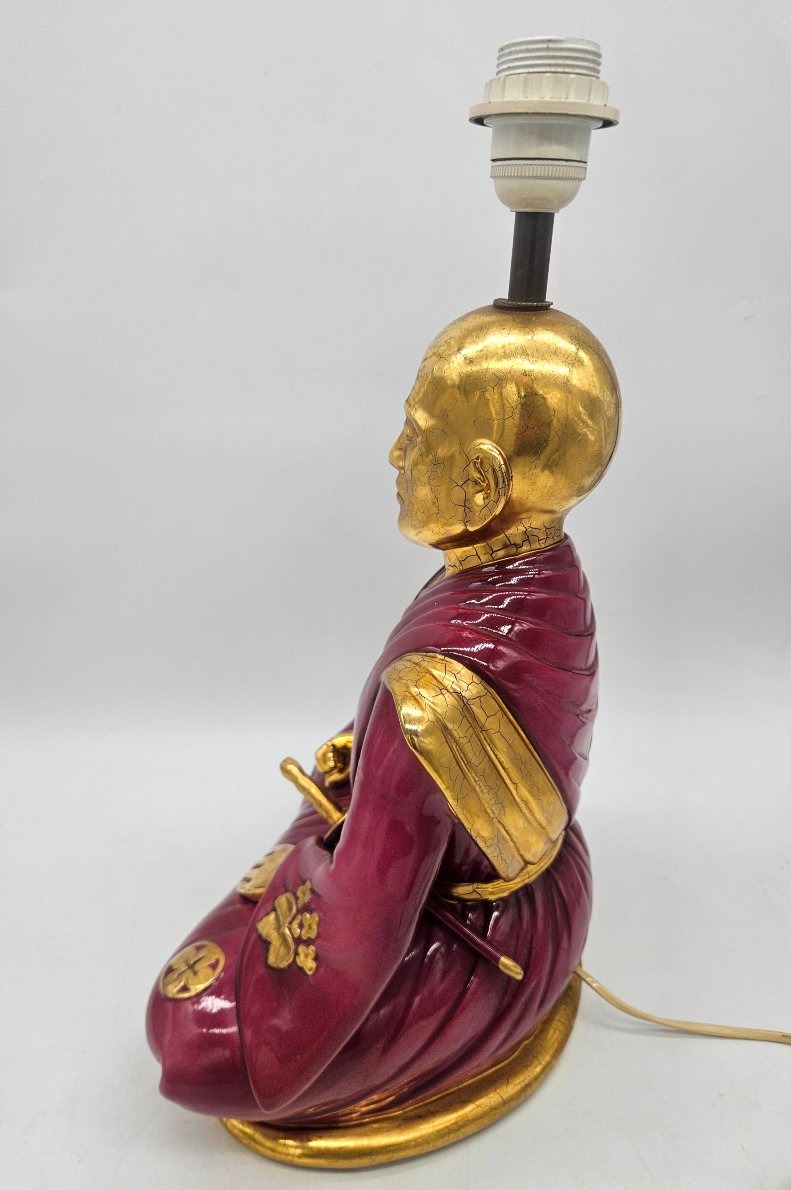Lampe vintage Samouraï en porcelaine émaillée et dorée, Italie années 70-photo-4
