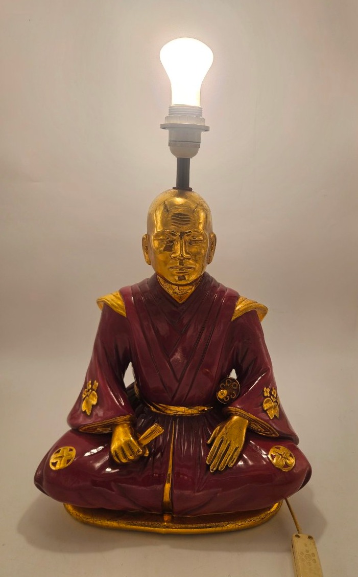 Lampe vintage Samouraï en porcelaine émaillée et dorée, Italie années 70-photo-7