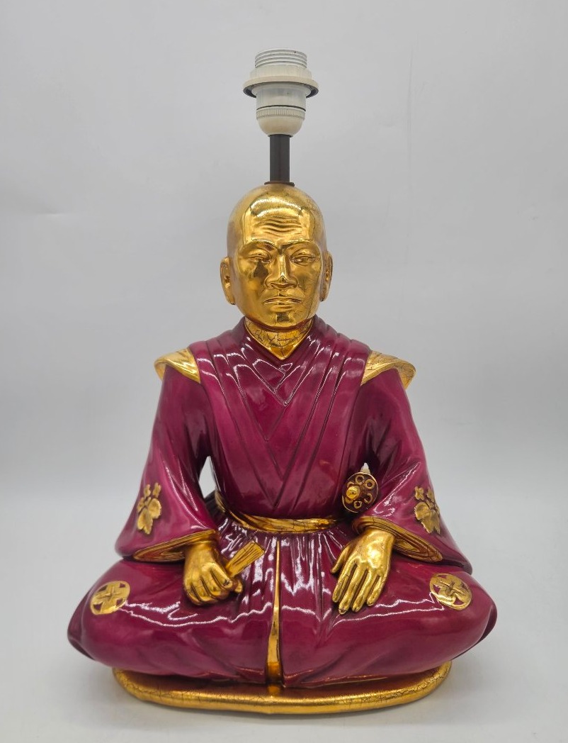 Lampe vintage Samouraï en porcelaine émaillée et dorée, Italie années 70