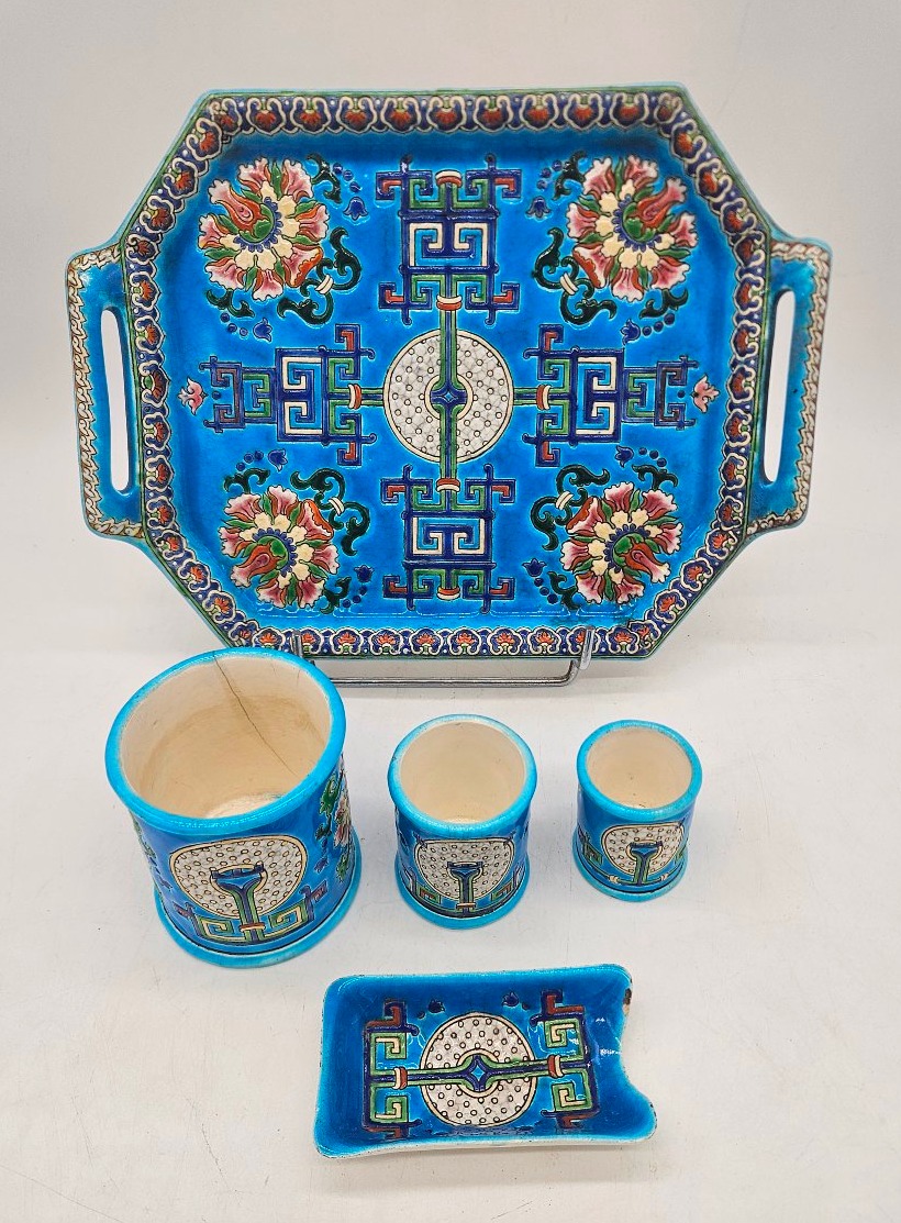 Late 19th-century Smoker's Set Made Of Gien Enamel With Asian Motifs -photo-2