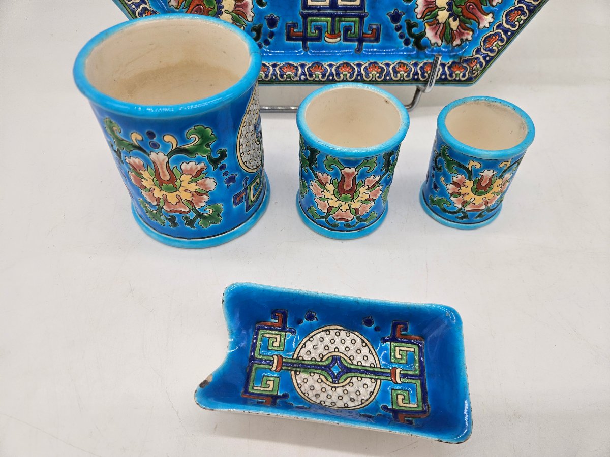 Late 19th-century Smoker's Set Made Of Gien Enamel With Asian Motifs -photo-3
