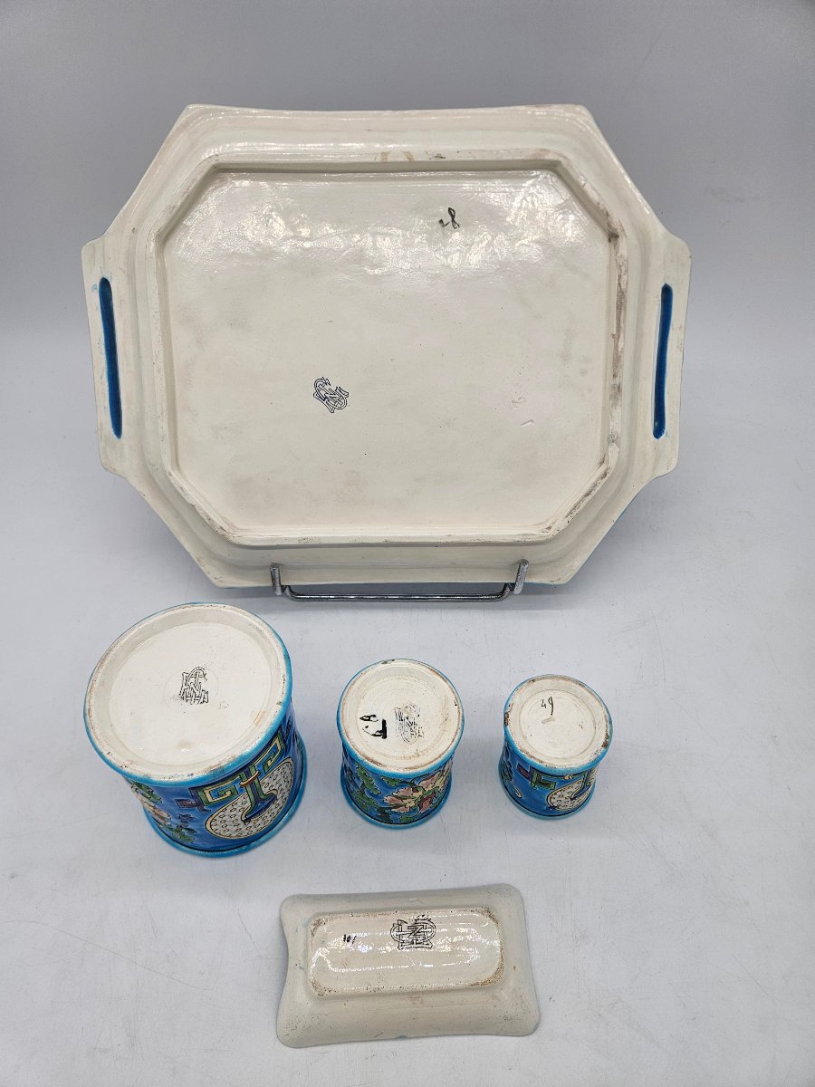 Late 19th-century Smoker's Set Made Of Gien Enamel With Asian Motifs -photo-4