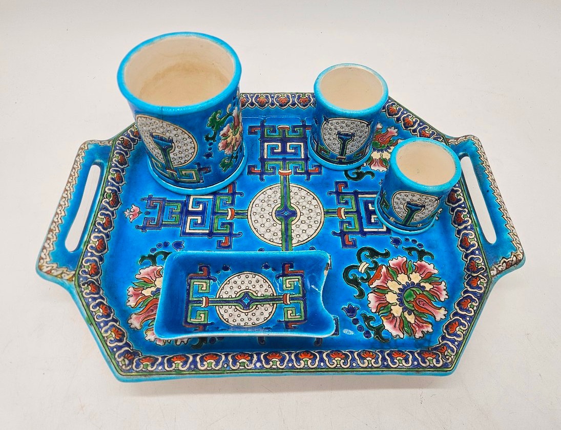 Late 19th-century Smoker's Set Made Of Gien Enamel With Asian Motifs 