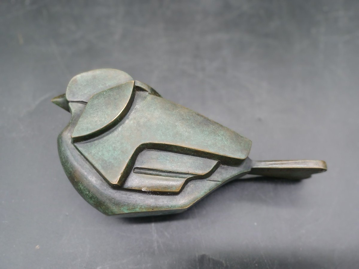JF Flamand : Moineau Moderniste En Bronze Patiné -photo-4