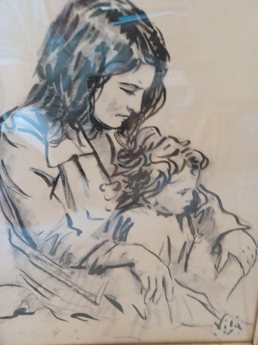 Felip Vila :  Mère et Son enfant, Dessin au Fusain et aquarelle 