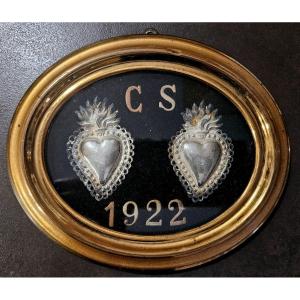 Rare Marriage Ex-voto With Ardent Hearts In Silver