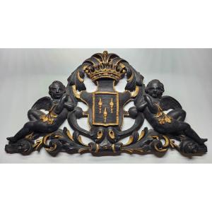 Carved Wood Castle Decoration, Putti, Coat Of Arms, Crown