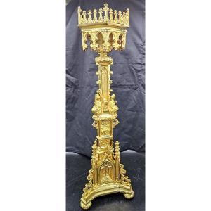 Important Neo-gothic Gilt Bronze Candlestick Decorated With Angels