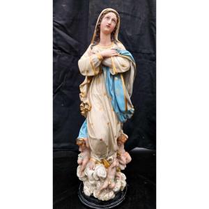 Vierge En Plâtre Polychrome Aux Puttis Fin 19ème 