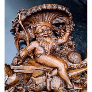 Rare Black Forest Barometer Carved Wood 19th Century Figuring A Dwarf Under A Mushroom