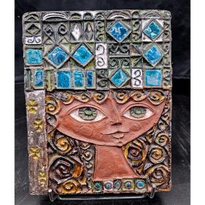 Roland Zobel, Attributed: Enameled Ceramic Plaque With Woman's Face