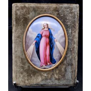 Miraculous Virgin On Porcelain Plate 19th Velvet Frame