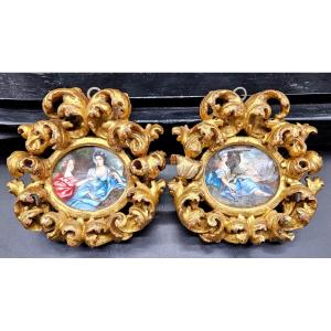 Pair Of Small 19th Century Golden Wood Rocaille Frames With Paintings On Porcelain