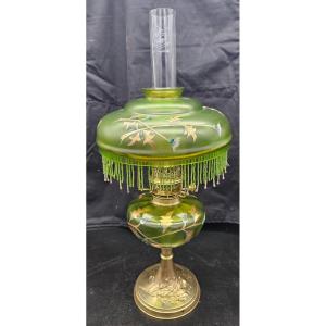 Rare Art Nouveau Oil Lamp In Enamelled Glass