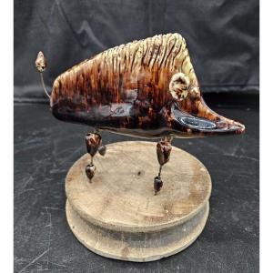 Accolay : Rare Sanglier En Céramique Et Fil De Fer