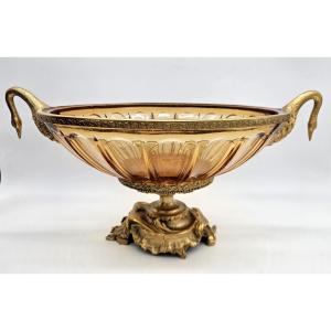 Grand centre de table en verre et bronze doré aux cygnes 